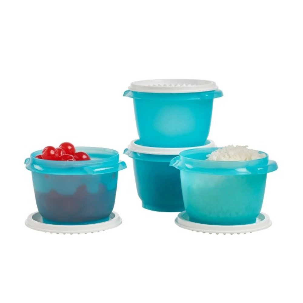 NEW TUPPERWARE Servalier 20oz bowl Set of 4 Aqua Blue w/ white seals